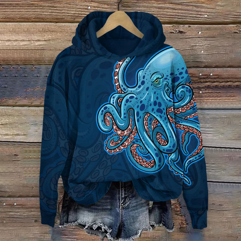 Vintage Watercolor Octopus Art Print Long Sleeve Hoodie - Blue - US44-46(8XL) - image 2