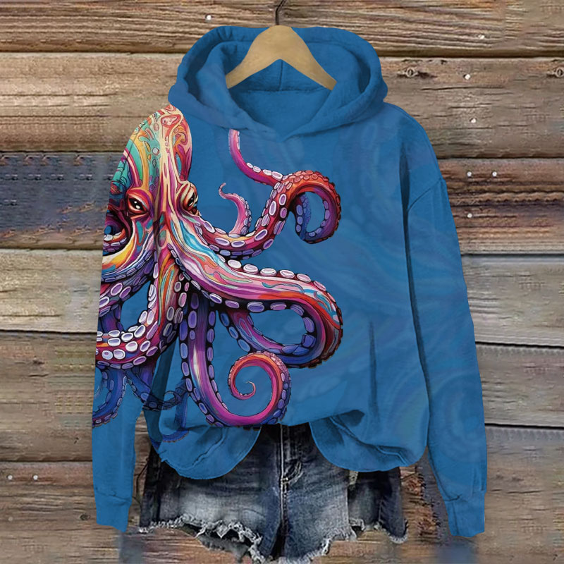 Retro Colorful Striped Octopus Art Print Long Sleeve Hoodie - Blue - US44-46(8XL) - image 1