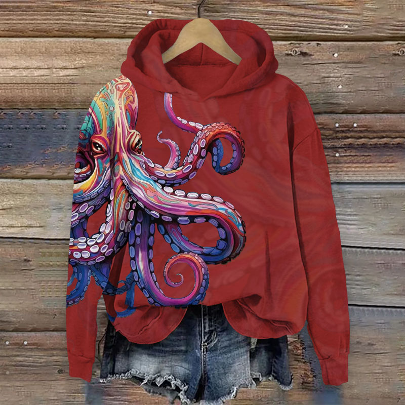 Retro Colorful Striped Octopus Art Print Long Sleeve Hoodie - Red - US44-46(8XL) - image 2