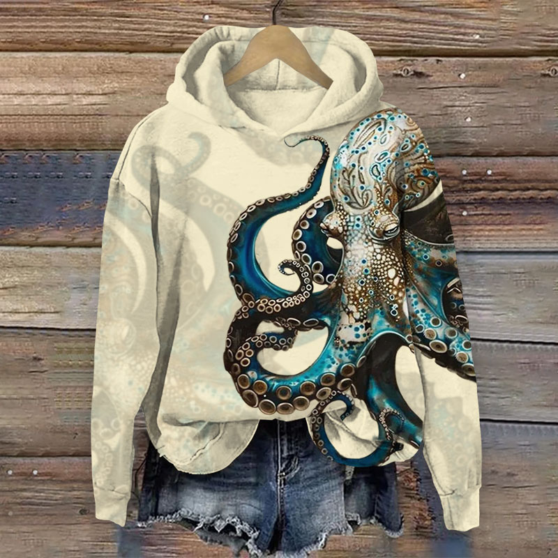 Vintage Mystical Geometric Octopus Print Long Sleeve Hoodie - Beige - US44-46(8XL) - image 1