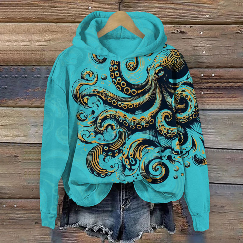 Contrasting Ink Watercolor Octopus Print Long Sleeve Hoodie - Blue - US44-46(8XL) - image 1
