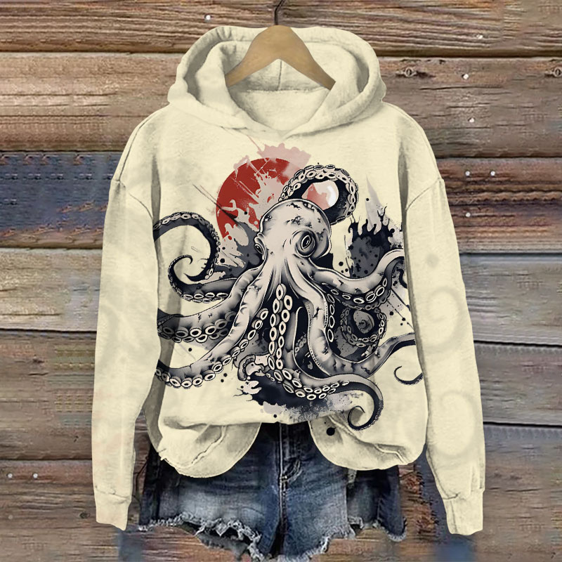 Japanese Ink Watercolor Octopus & Sun Print Long Sleeve Hoodie - Beige - US44-46(8XL) - image 2