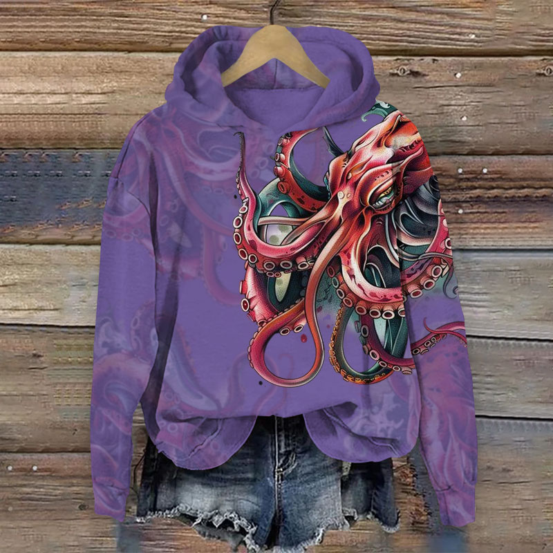 Japanese Vintage Octopus Print Long Sleeve Hoodie - Purple - US44-46(8XL) - image 1