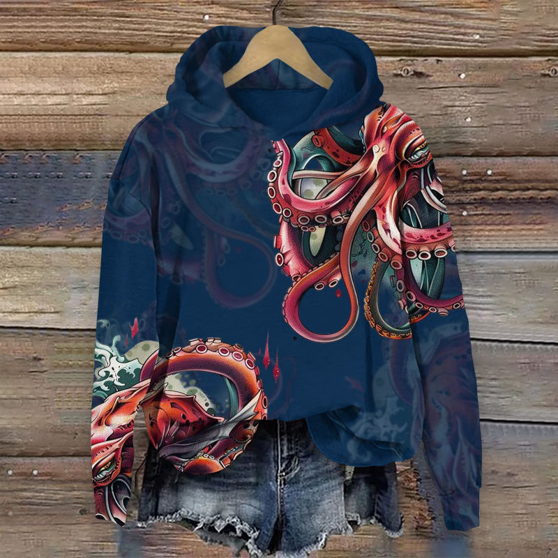Retro  Octopus Art Print Long Sleeve Hoodie - Dark Blue - US44-46(8XL) - image 2