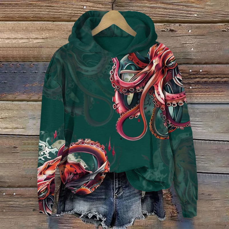 Retro  Octopus Art Print Long Sleeve Hoodie - Dark Green - US44-46(8XL) - image 1