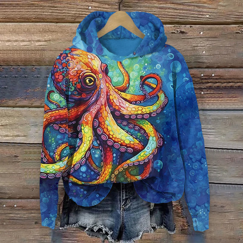 Colorful Art Octopus Wiith Bubbles Print Long Sleeve Hoodie - Blue - US44-46(8XL) - image 2