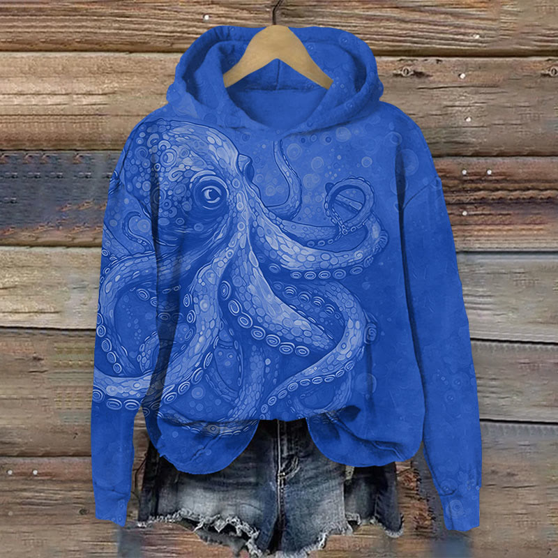 Art Octopus Print Long Sleeve Hoodie - Blue - US44-46(8XL) - image 2