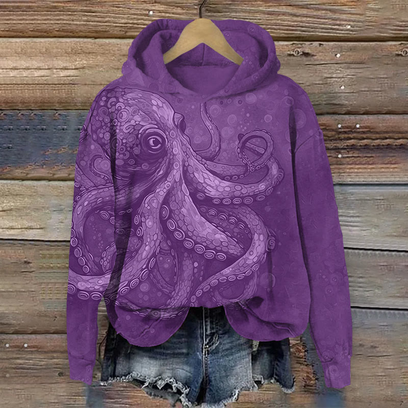Art Octopus Print Long Sleeve Hoodie - Purple - US44-46(8XL) - image 1