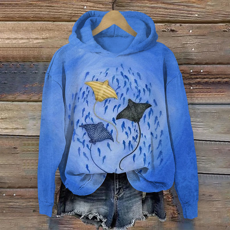 Ocean School Of Manta Ray  Print Long Sleeve Hoodie - Blue - US44-46(8XL) - image 2