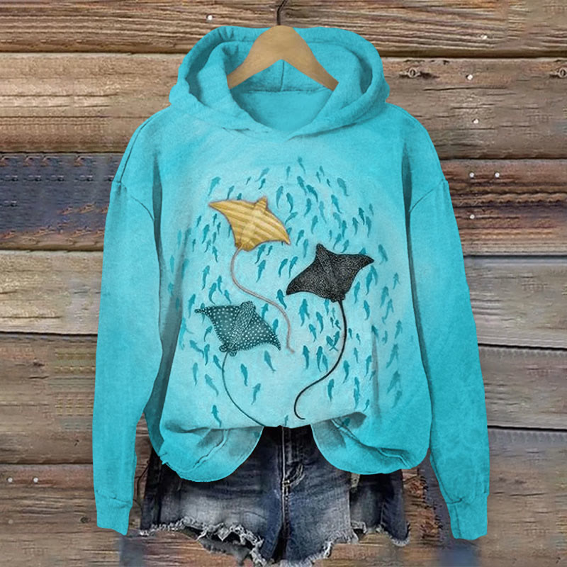 Ocean School Of Manta Ray  Print Long Sleeve Hoodie - Lake Blue - US44-46(8XL) - image 1