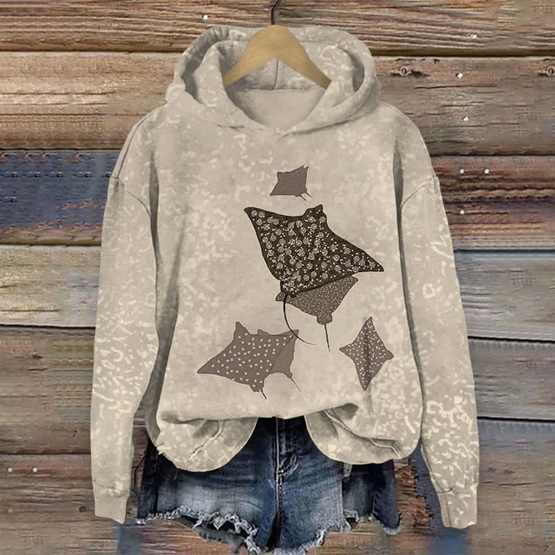 Ocean School Of Manta Ray  Print Long Sleeve Hoodie - Apricot - US44-46(8XL) - image 2