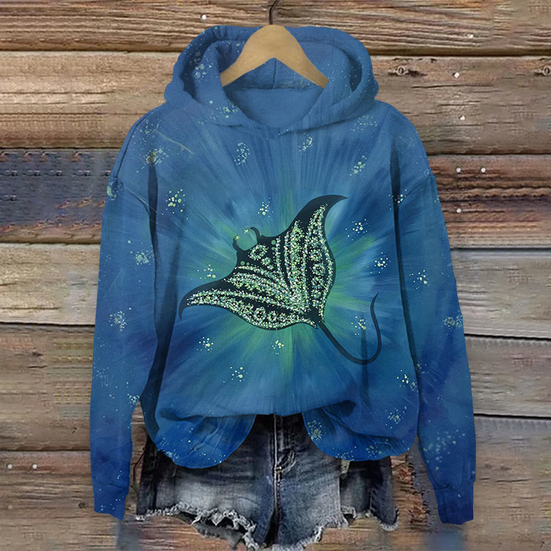 Ocean Art Golden Manta Ray Print Long Sleeve Hoodie - Navy Blue - US44-46(8XL) - image 1