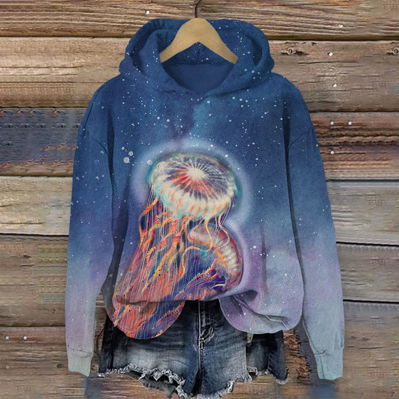 Watercolor Jellyfish In Star Night Print Long Sleeve Hoodie - Light Blue - US44-46(8XL) - image 1