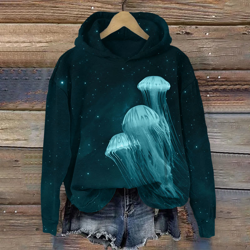  Nocturnal Glowing Jellyfish In Star Night Print Long Sleeve Hoodie - Dark Green - US44-46(8XL) - image 2