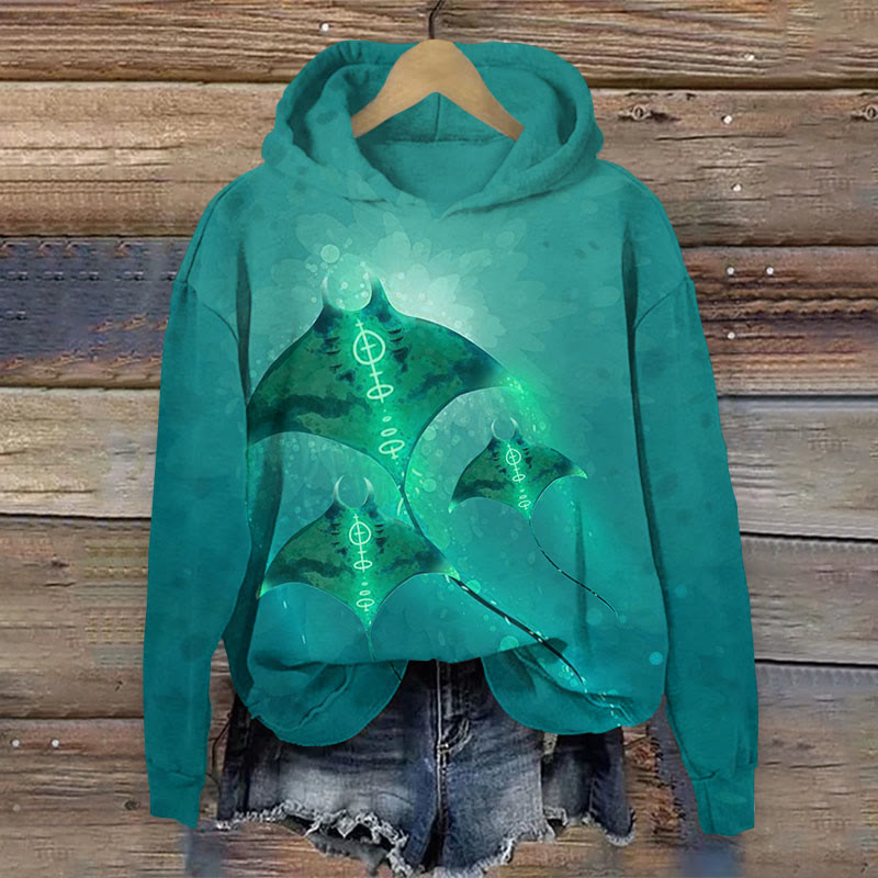 Nocturnal Glowing Manta Rays Print Long Sleeve Hoodie - Green - US44-46(8XL) - image 2