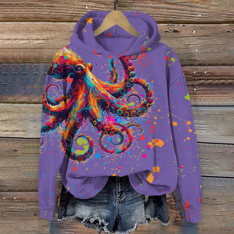 Colorful Splashy Octopus Print Long Sleeve Hoodie - Purple - US44-46(8XL) - image 2
