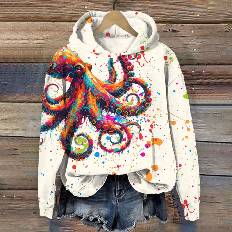 Colorful Splashy Octopus Print Long Sleeve Hoodie - Beige - US44-46(8XL) - image 1
