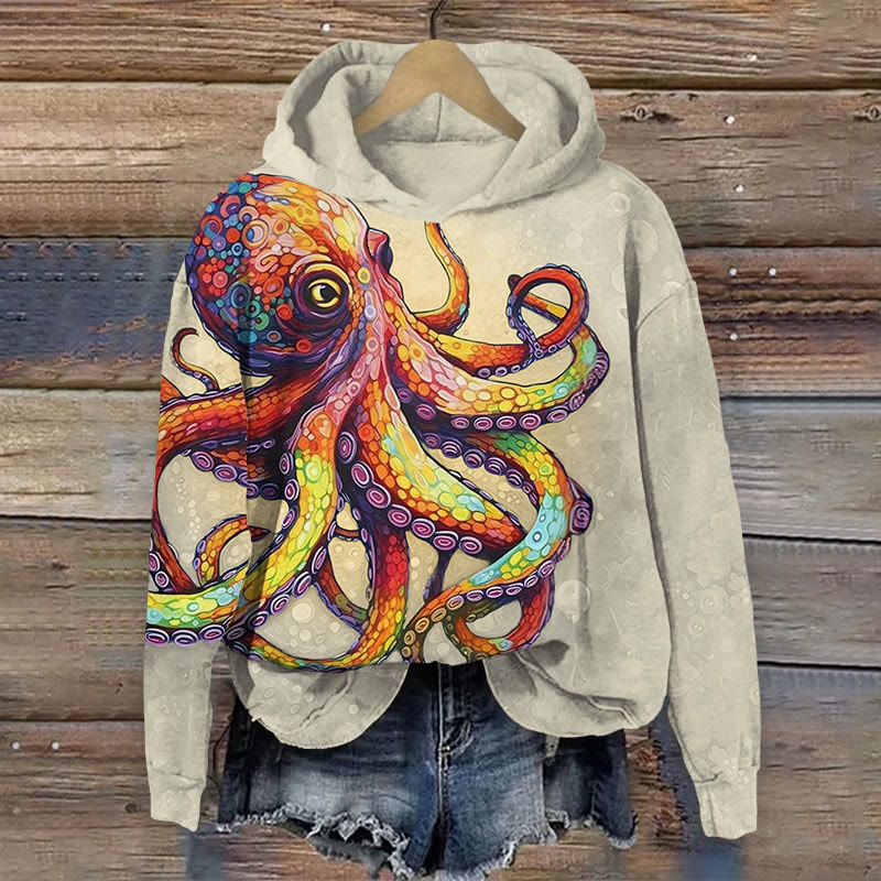 Colorful Art Octopus Wiith Bubbles Print Long Sleeve Hoodie - Apricot - US44-46(8XL) - image 1
