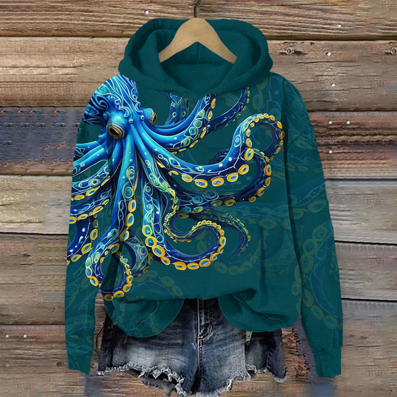 Art Octopus With Shading Print Long Sleeve Hoodie - Green - US44-46(8XL) - image 2