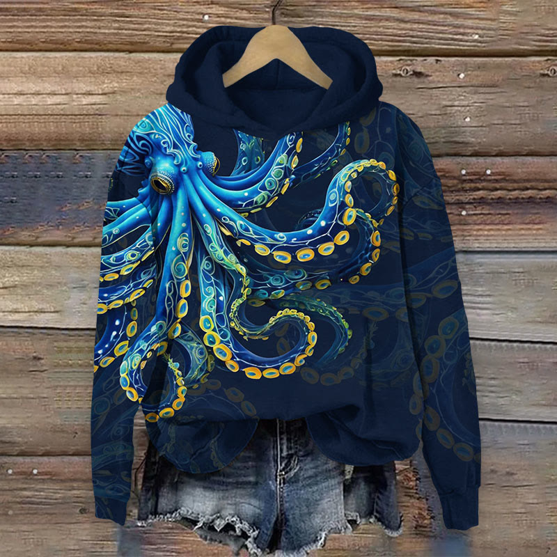 Art Octopus With Shading Print Long Sleeve Hoodie - Navy Blue - US44-46(8XL) - image 1