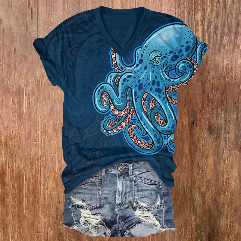 Vintage Watercolor Octopus Art Print V-neck T-shirt - Blue - US32-34(5XL) - image 2