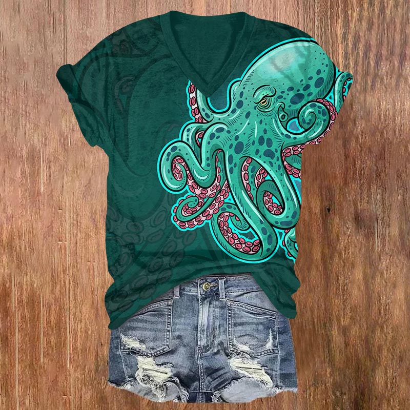 Vintage Watercolor Octopus Art Print V-neck T-shirt - Dark Green - US32-34(5XL) - image 1