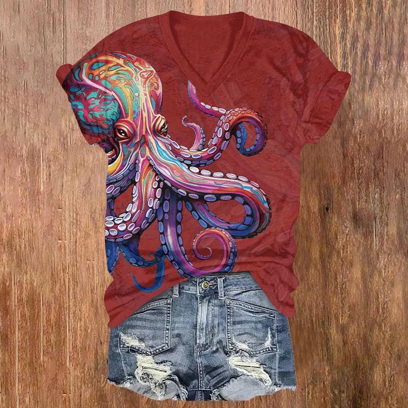 Retro Colorful Striped Octopus Art Print V-neck T-shirt - Red - US32-34(5XL) - image 2