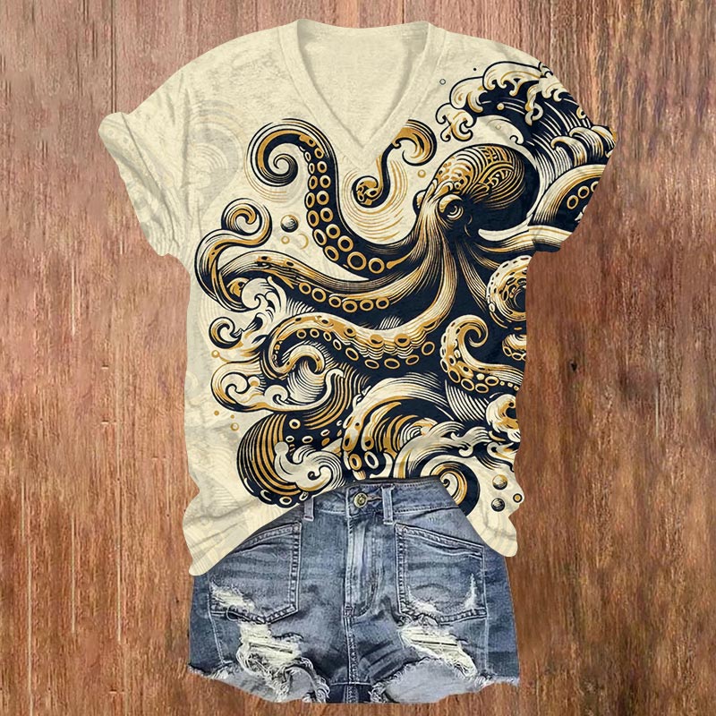 Contrasting Ink Watercolor Octopus Print V-neck T-shirt - Yellow - US32-34(5XL) - image 4