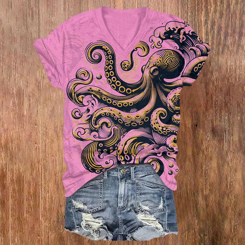 Contrasting Ink Watercolor Octopus Print V-neck T-shirt - Pink - US32-34(5XL) - image 3