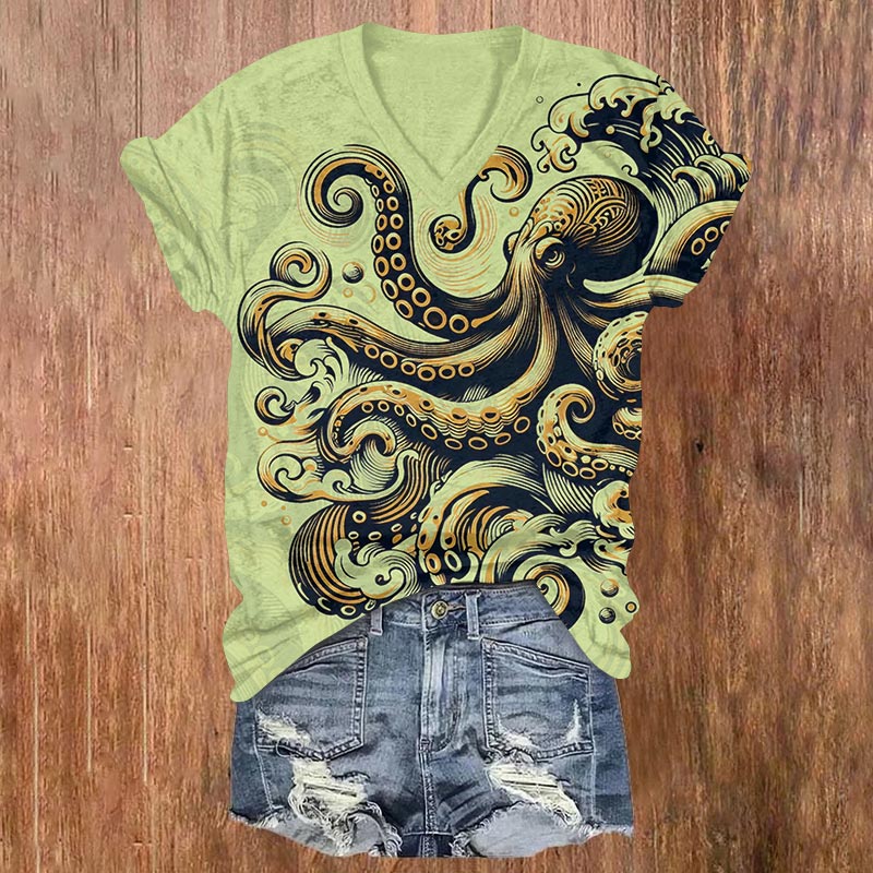 Contrasting Ink Watercolor Octopus Print V-neck T-shirt - Green - US32-34(5XL) - image 2