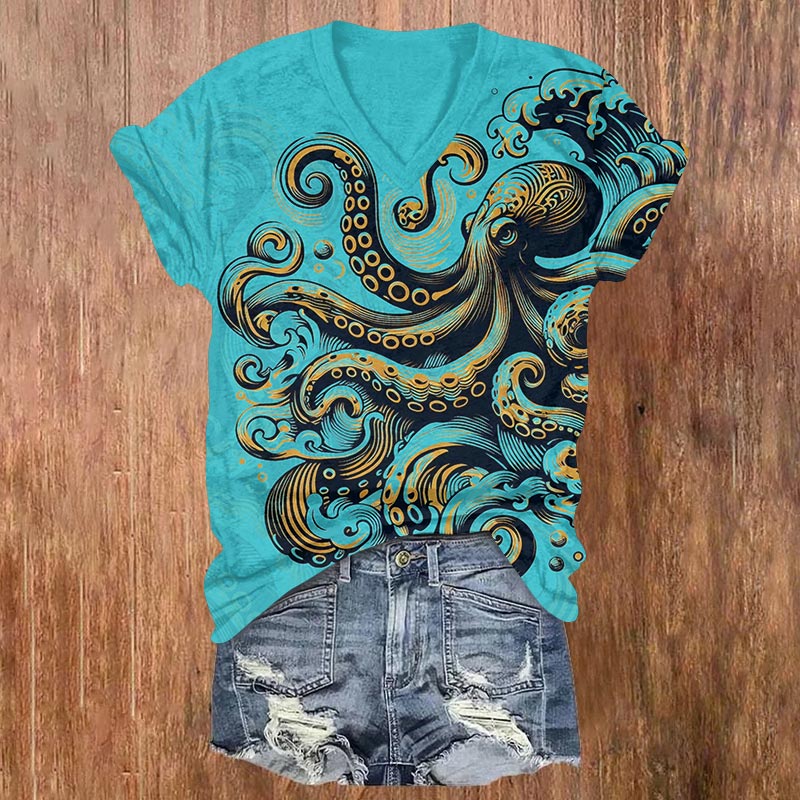 Contrasting Ink Watercolor Octopus Print V-neck T-shirt - Blue - US32-34(5XL) - image 1