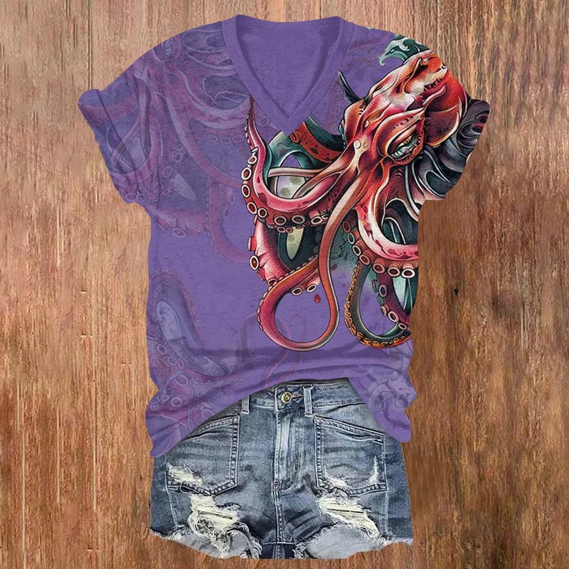 Japanese Vintage Octopus Print V-neck T-shirt - Purple - US32-34(5XL) - image 1