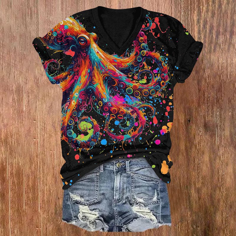 Colorful Ink Painting Of Octopus Print V-neck T-shirt - Black - US32-34(5XL) - image 2