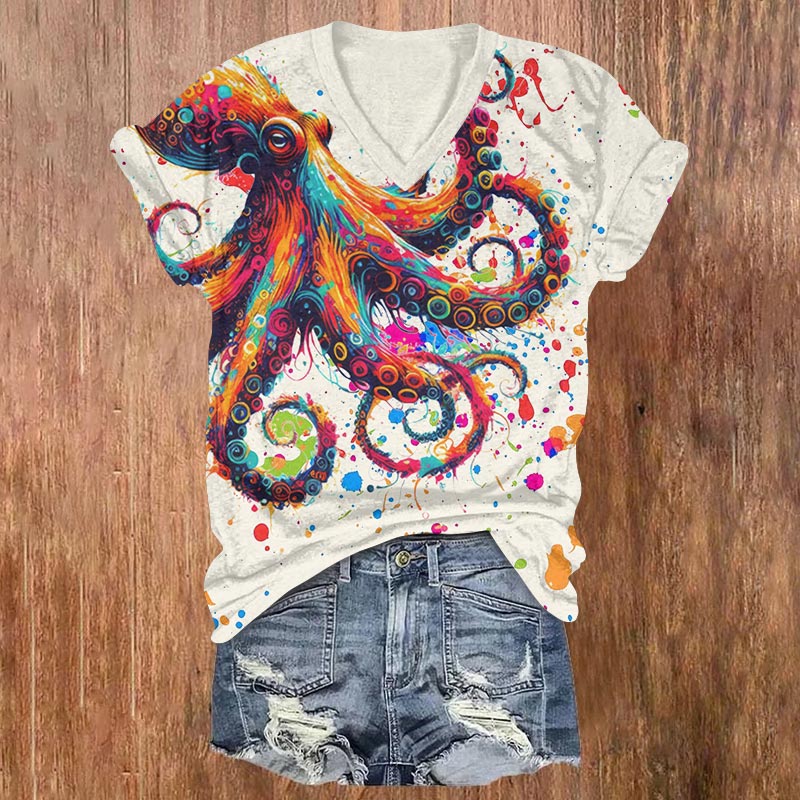 Colorful Ink Painting Of Octopus Print V-neck T-shirt - White - US32-34(5XL) - image 1