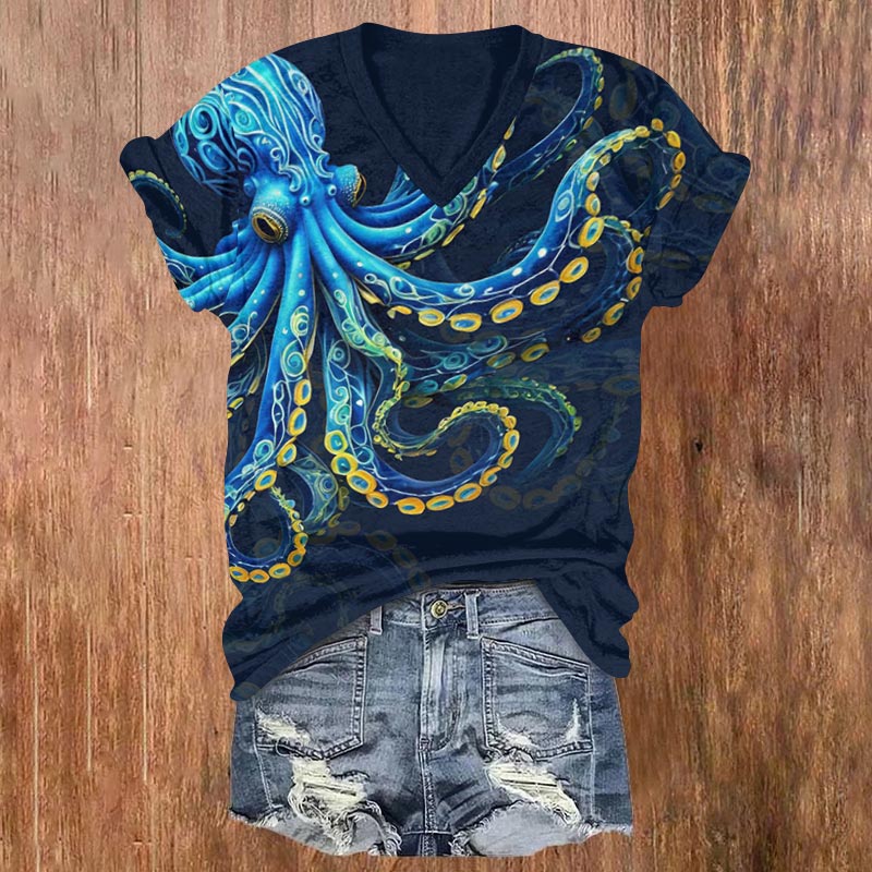 Japanese Oil Painting Octopus Print V-neck T-shirt - Dark Blue - US32-34(5XL) - image 2