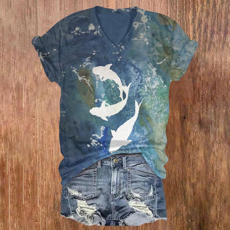 Vintage Contrast Abstract White Dolphin Print V-neck T-shirt - Blue - US32-34(5XL) - image 1