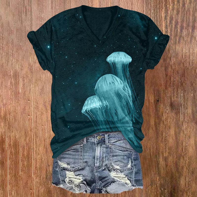 Starry Fantasy Glowing Jellyfish Art Print V-neck T-shirt - Dark Green - US32-34(5XL) - image 2