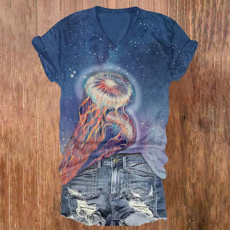Vintage Oil Painting Jellyfish Print V-neck T-shirt - Blue - US32-34(5XL) - image 1