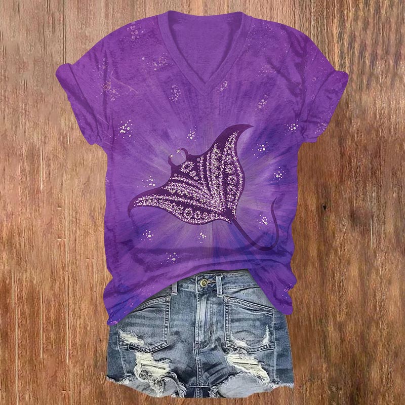 Vintage Glowing Sequins Manta Ray Print V-neck T-shirt - Purple - US32-34(5XL) - image 2