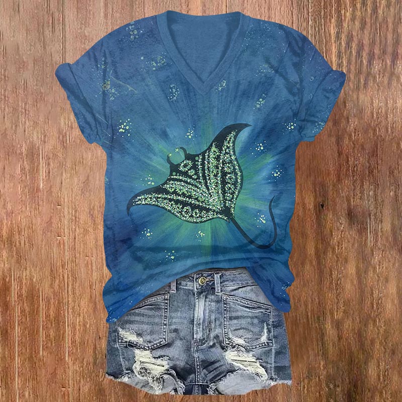 Vintage Glowing Sequins Manta Ray Print V-neck T-shirt - Blue - US32-34(5XL) - image 1