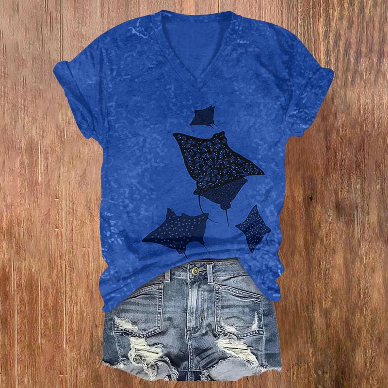 Unique Ocean Manta Ray Art Print V-neck T-shirt - Blue - US32-34(5XL) - image 2