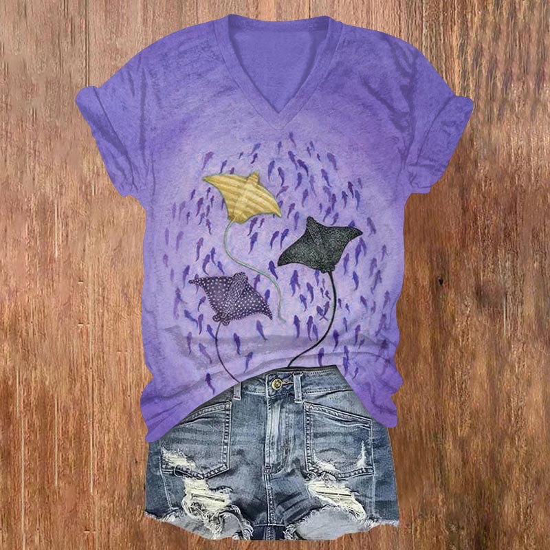 Vintage Colored Ray & Small Fish School Print V-neck T-shirt - Purple - US32-34(5XL) - image 2