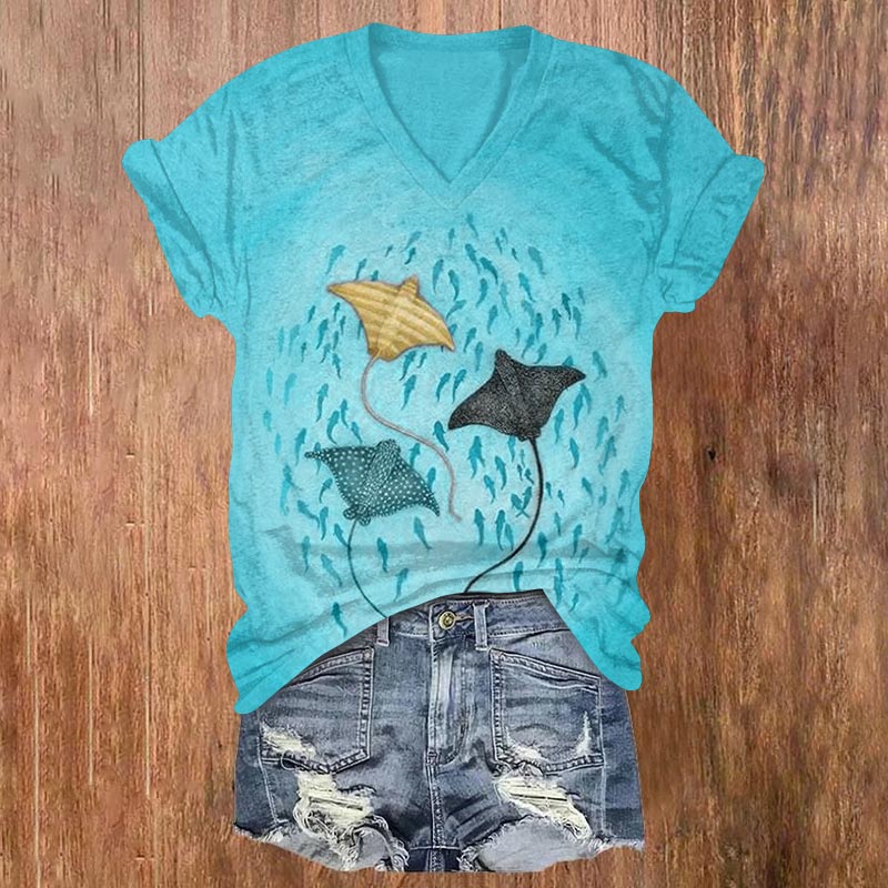 Vintage Colored Ray & Small Fish School Print V-neck T-shirt - Lake Blue - US32-34(5XL) - image 1