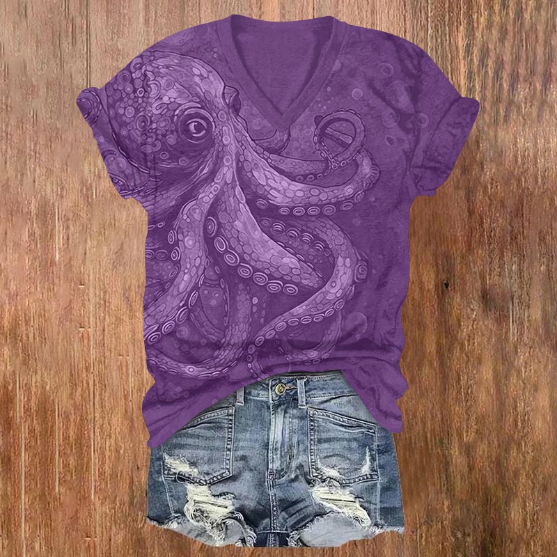 Retro Watercolor Octopus Art Print V-neck T-shirt - Purple - US32-34(5XL) - image 1