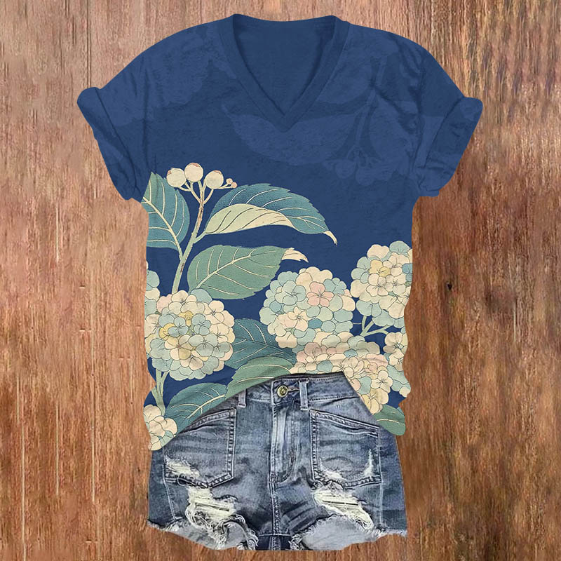 Vintage Cartoon Hydrangea Art Print V-neck T-shirt - Blue - US32-34(5XL) - image 1