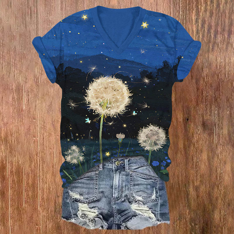 Oil Painting Starry Night Dandelion Print V-neck T-shirt - Blue - US32-34(5XL) - image 1