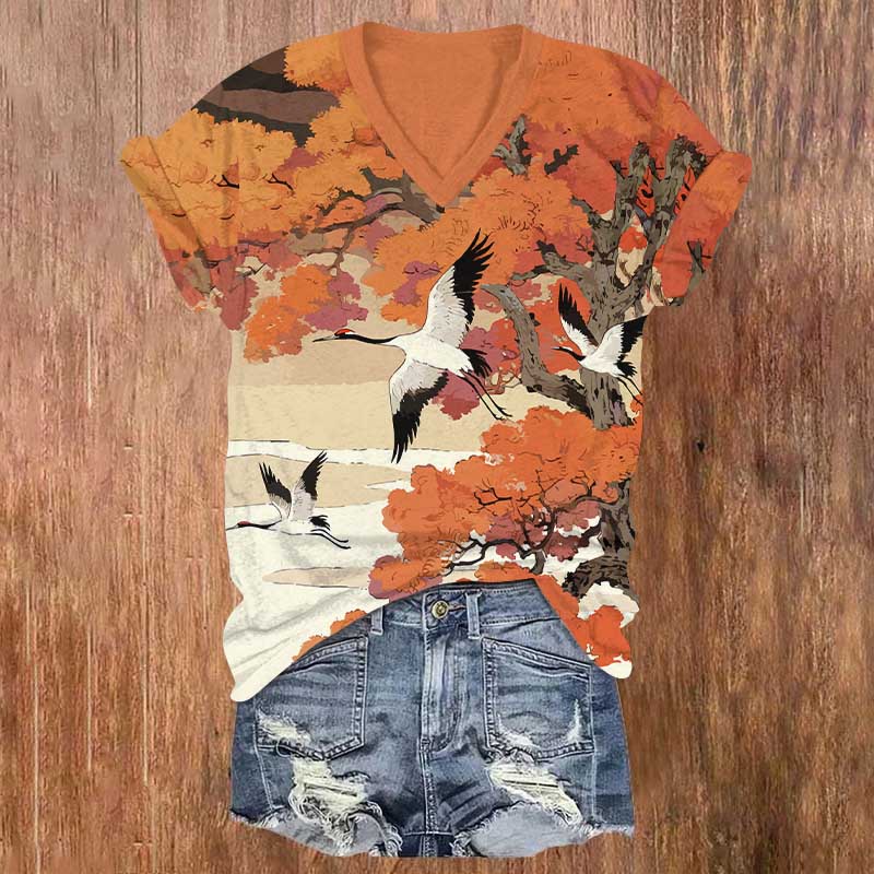 Japanese White Crane Flying Across The Maple Tree Print V-neck T-shirt - Orange - US32-34(5XL) - image 1