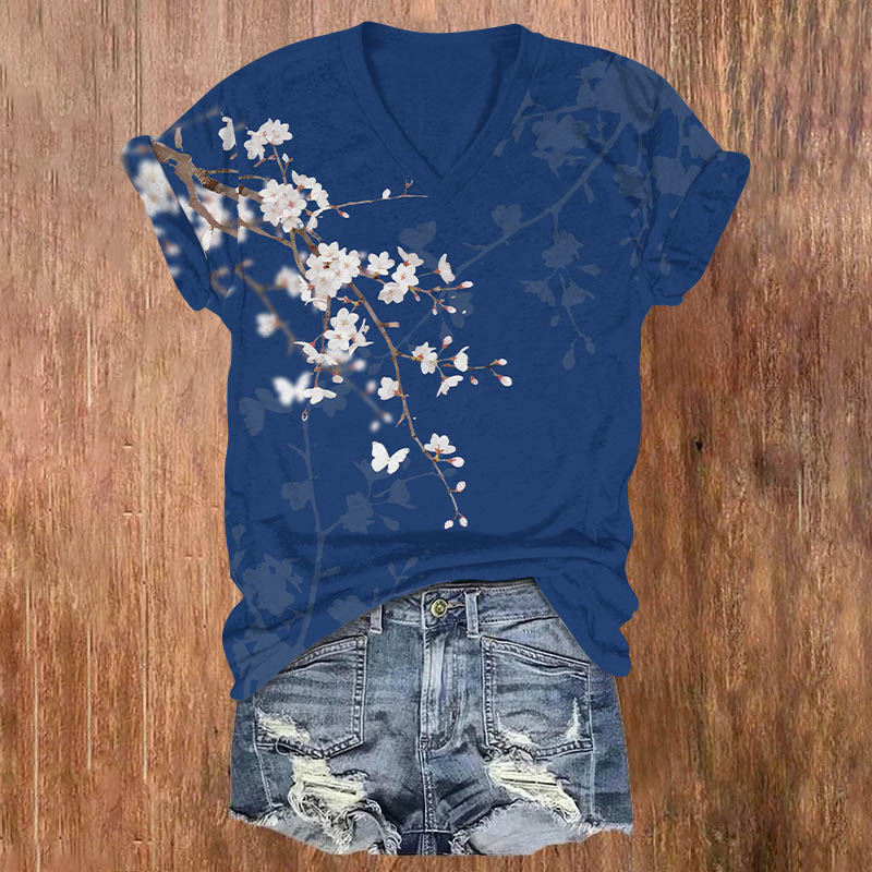 Vintage Elegant Watercolor Plum Blossom Print V-neck T-shirt - Blue - US32-34(5XL) - image 2