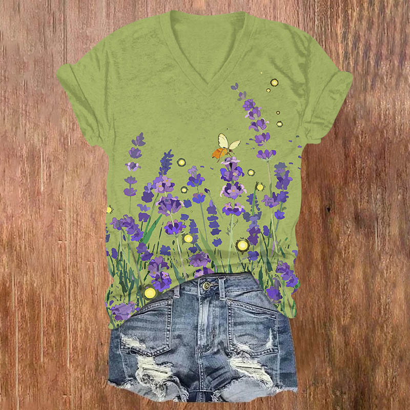 Vintage Watercolor Wild Lavender Print V-neck T-shirt - Green - US32-34(5XL) - image 2