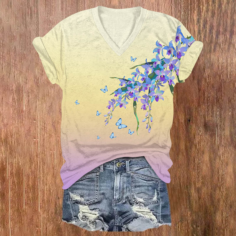 Vintage Ombre Violet Flowers Print V-neck T-shirt - Yellow - US32-34(5XL) - image 1